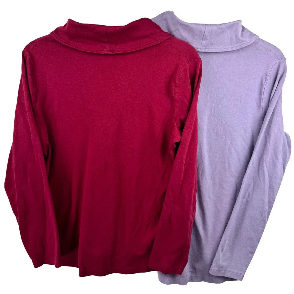 LL Bean Shawl Collar Tops Set Two Womens Large Red Lavender 100% Cotton 290348